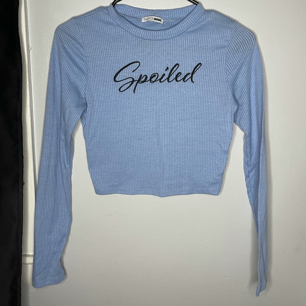 Fashion Nova Blue Ribbed “Spoiled” Long Sleeve Top